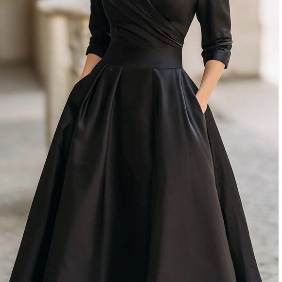 Mooyius Vintage Inspired Satin Midi Dress with Draped Collar Black NWT size XS - Picture 2 of 9
